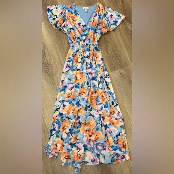 Nicole Miller Blue and Orange Floral Ruffle Front Tiered Maxi Dress size S - Picture 4 of 10